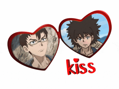 two anime hearts with the word kiss in red