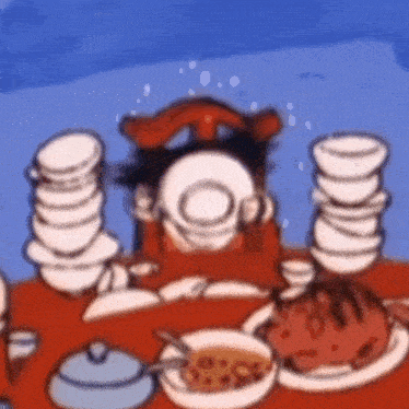 a cartoon character is sitting at a table with a stack of plates and bowls on it .