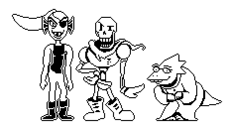 a black and white drawing of three skeletons standing next to each other .