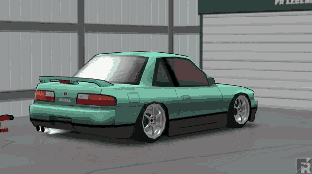 a green car is parked in a garage with a sign that says fr legends