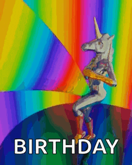 a birthday card with a unicorn holding a guitar in front of a colorful background