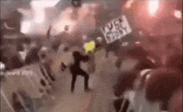 a blurry picture of a crowd of people holding signs .