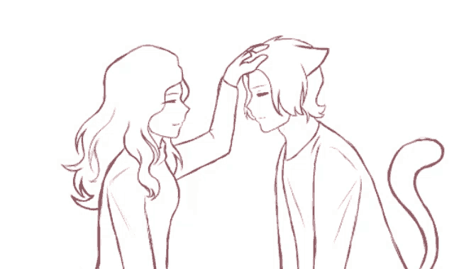 a drawing of a woman petting a cat 's head