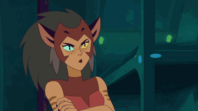 a cartoon character with a surprised look on her face is standing with her arms crossed