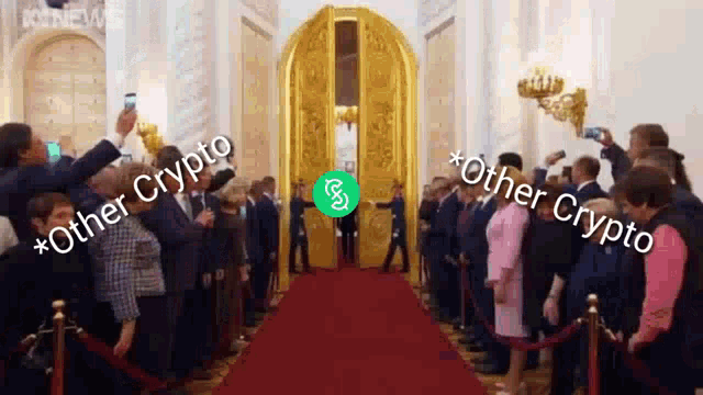 a group of people are standing on a red carpet in front of a door that says other crypto .