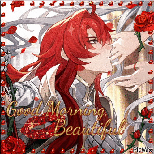 a picture of a red haired anime character with the words good morning beautiful