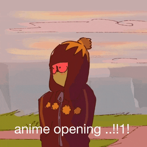 a cartoon character is standing in a field with the words anime opening !!! below him