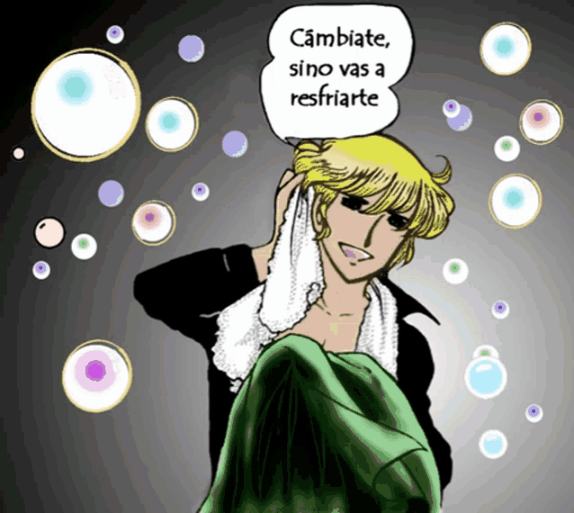 a cartoon of a man with bubbles around him and the words cambiate sino vas a resfriarte