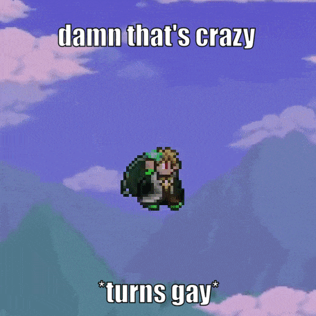 a video game character is flying in the air with the words damn that 's crazy turns gay