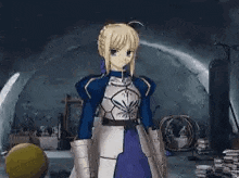 a blonde anime girl is standing in a room with a yellow ball .