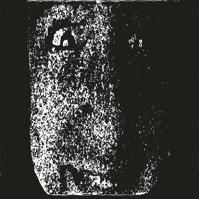 a black and white image with a few white spots