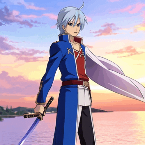 a man in a blue coat is holding a sword in front of the ocean