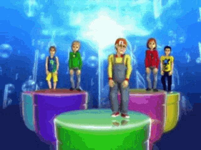a group of cartoon characters standing on top of colorful cylinders