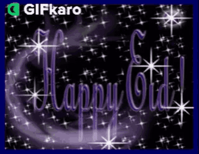 a purple happy eid greeting card with stars on a black background