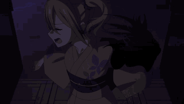 a girl in a kimono has blue eyes and looks angry