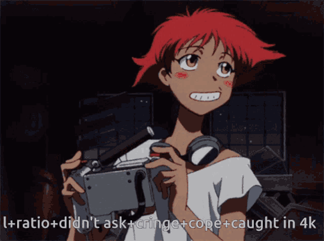a girl with red hair is holding a video camera with the caption i + ratio + did n't ask + cringe