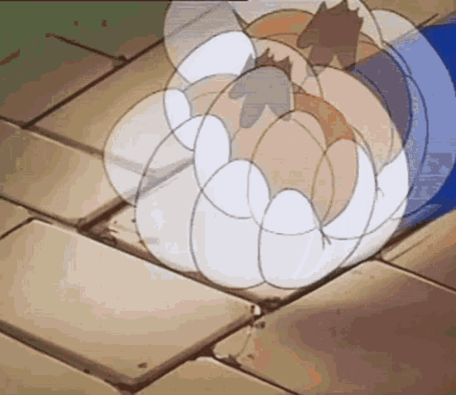 a cartoon character is standing on a tiled floor with circles around him .