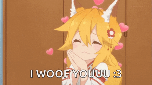 a fox girl with hearts around her head is saying i woof you . 3 .