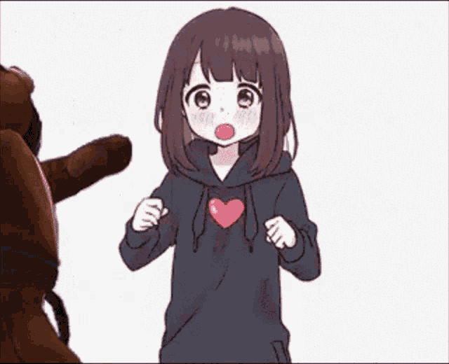 a girl is standing next to a teddy bear and yawning