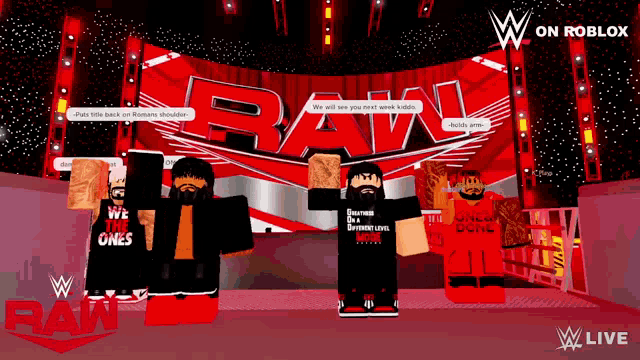 wrestlers are standing in front of a large raw logo