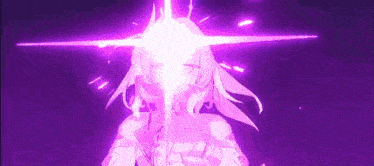 a girl with purple hair is holding a sword in her hand and a purple light is coming out of her head .