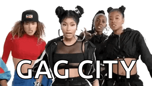 a group of women are standing next to each other and the word gag city is written on the bottom