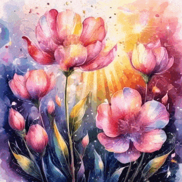 a painting of pink flowers with the sun shining through