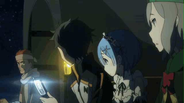 a group of anime characters including a girl with blue hair and the letter n on her chest