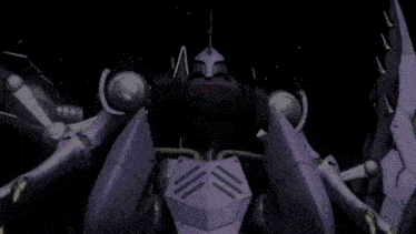 a purple robot with the letter m on it 's head