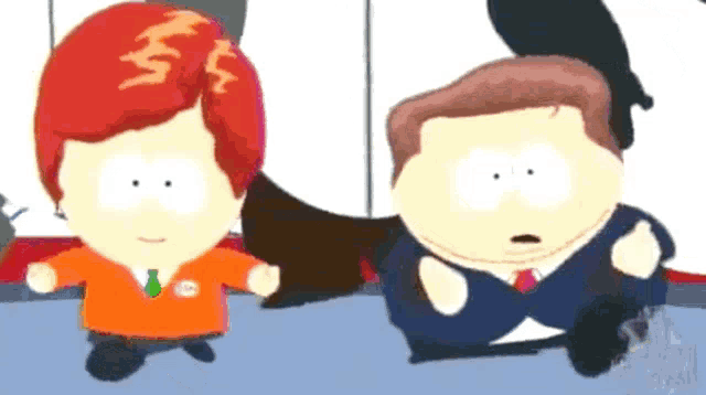 two cartoon characters standing next to each other with one wearing an orange shirt that says ' i 'm a republican '