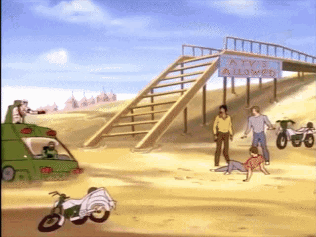 a cartoon scene with a sign that says atvs allowed