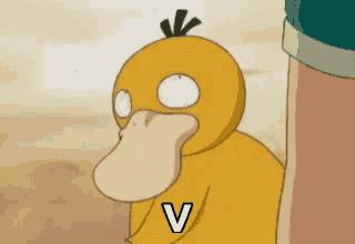 a cartoon duck with a big beak and the letter v on its chest