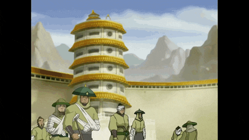 a group of men are standing in front of a building with a tower in the background