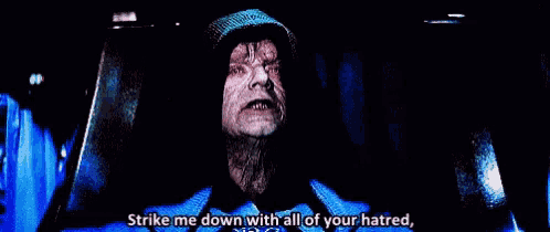 a pixelated image of a man with the words strike me down with all of your hatred