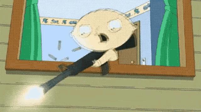 a cartoon character is holding a gun out of a window and shooting it .