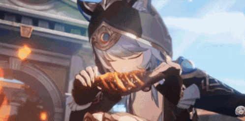 a girl in a hooded jacket is eating a piece of meat .