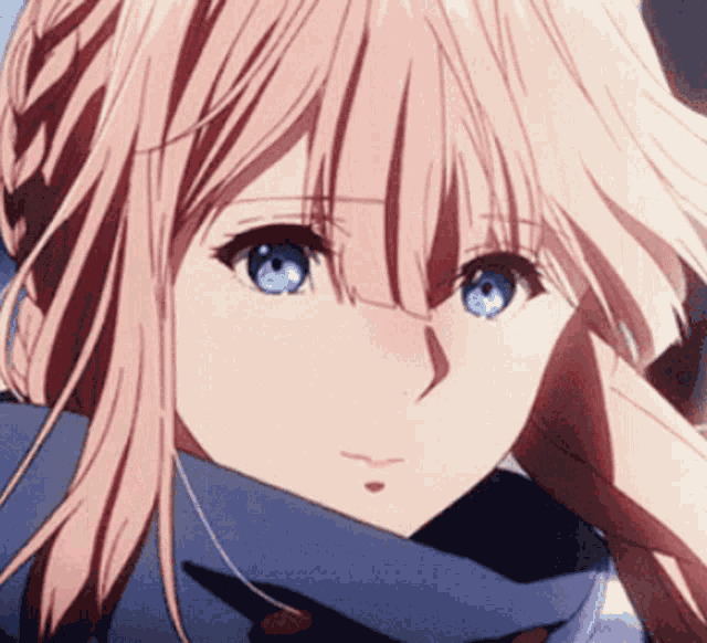 a girl with pink hair and blue eyes is wearing a scarf around her neck