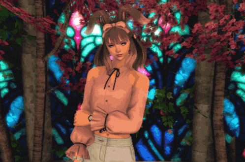 a girl with bunny ears is standing in front of a colorful stained glass window