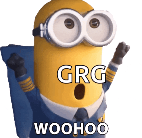 a yellow minion with a surprised look on his face and the words grg woohoo