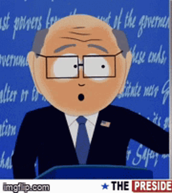 a cartoon of a man in a suit and tie giving a speech in front of a sign that says " the preside "