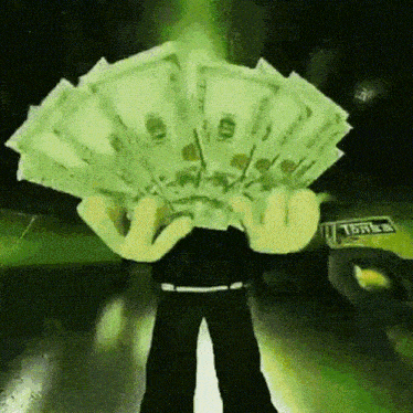 a person is holding a fan of money with a tonka logo in the background