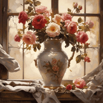 a painting of a vase filled with pink and white flowers