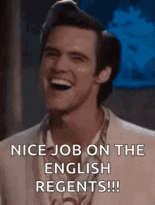 a man in a suit is laughing and saying `` nice job on the english regents ! ''