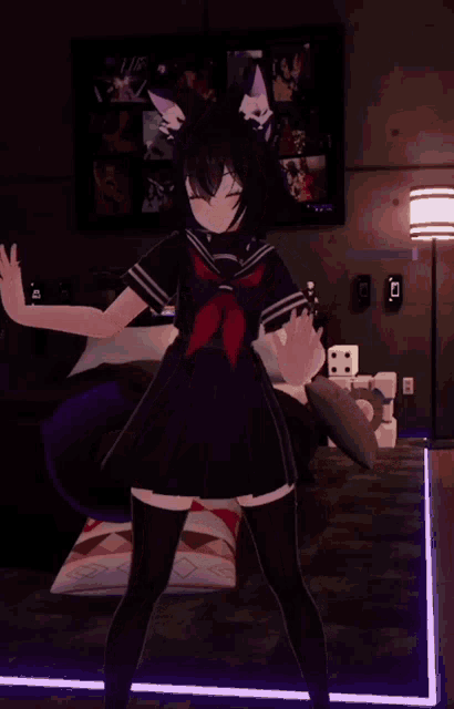 a girl in a school uniform dancing in a room