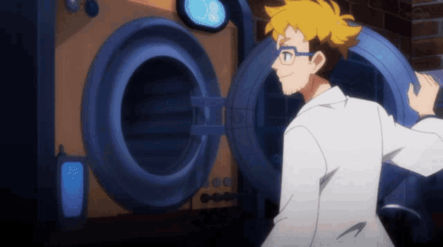 a man in a lab coat and glasses is standing in front of a washing machine