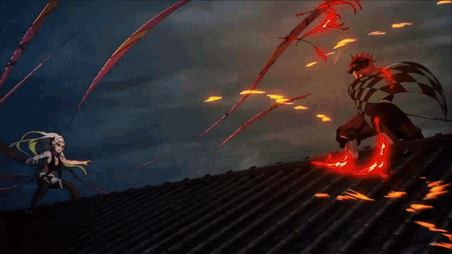 a man with a checkered shirt is standing on a roof fighting another man with a sword