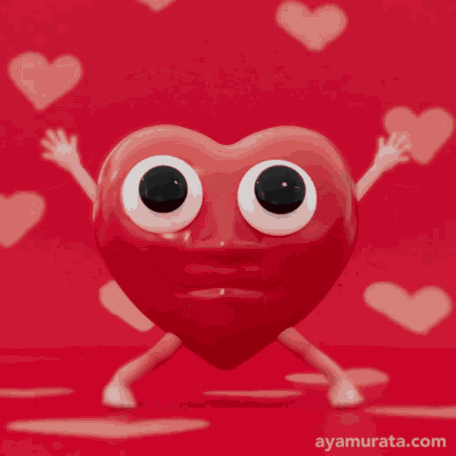 a cartoon heart with arms and legs is on a red background