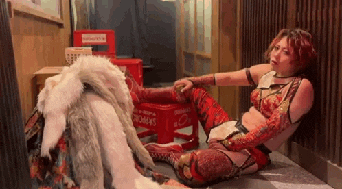 a woman in a wrestling costume is laying on the floor next to a dog .