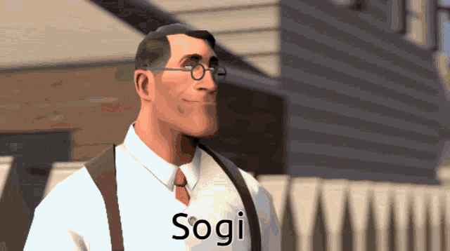 a man wearing glasses and a shirt that says sogi