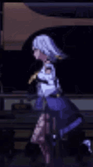 a pixel art of a girl in a purple dress running in a room .